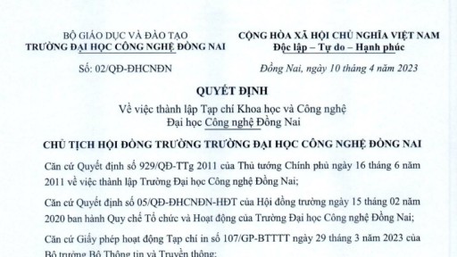 DNTU ra quyết định thành lập Tạp chí Khoa học và Công nghệ Đại học Công nghệ Đồng Nai