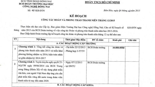 Kế hoạch công tác Đoàn - Tháng 12-2015