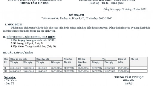 Kế hoạch mở lớp Tin học A, B học kỳ II, III năm học 2015-2016