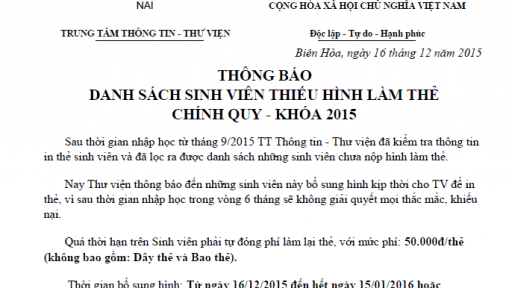 Thông báo danh sách sinh viên liên thông -2015 thiếu hình làm thẻ