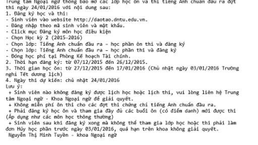 Thông báo lịch ôn và thi tiếng Anh chuẩn đầu ra ngày 24/01/2016