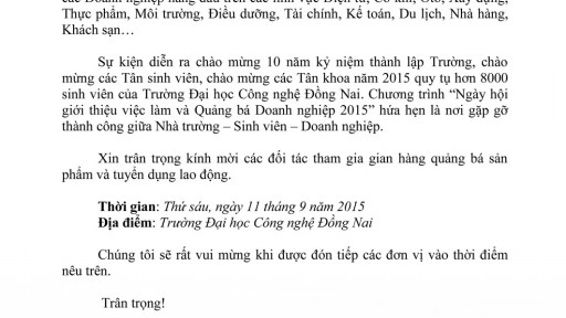 Thư mời tham dự “Ngày hội giới thiệu việc làm và Quảng bá Doanh nghiệp 2015” tại DNTU